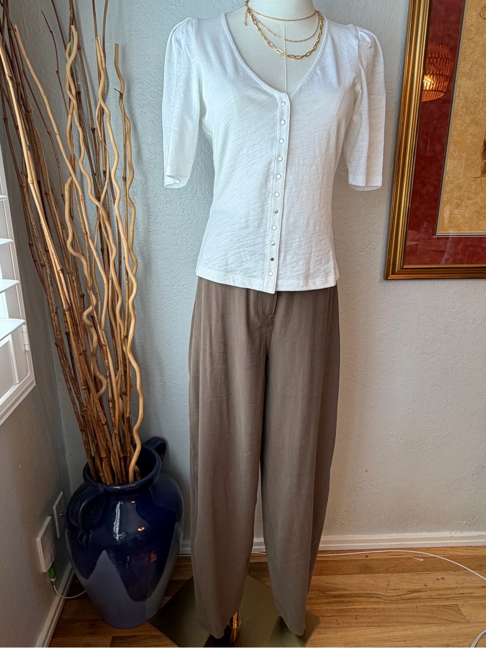 125~ NWT Nation LTD for Anthropologie White w Gold Snap  Button front Blouse Med